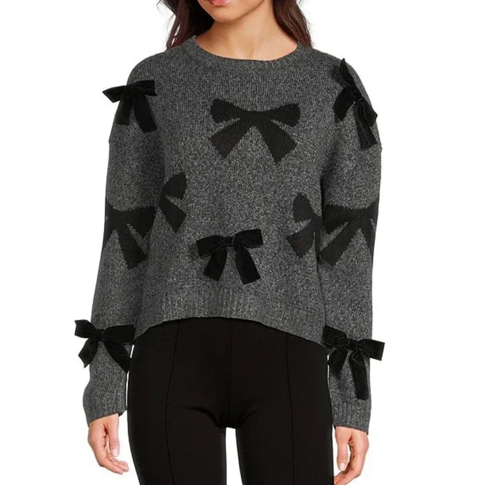 I.N. San Francisco Charcoal Sweater with Black Bow Details - Picture 1 of 10